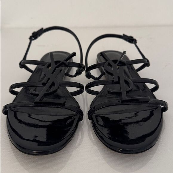 Saint Laurent Cassandra YSL Logo Black Patent Leather Sandals Size EU 38 US 8 - Picture 3 of 9
